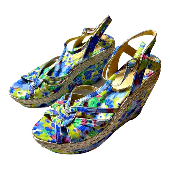 Poetic License Shoes - Poetic Licence Blue Silver "Arm Candy" Floral Watercolor Wedges Sandals size9.5”
